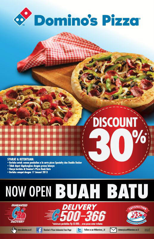 dominos_id's tweet photo. 3 Days left !! opening promo at Domino's BUAH BATU (bdg). Disc.30% for any purchase of Specialty / Double Decker Pizza. http://t.co/cjswR4YC