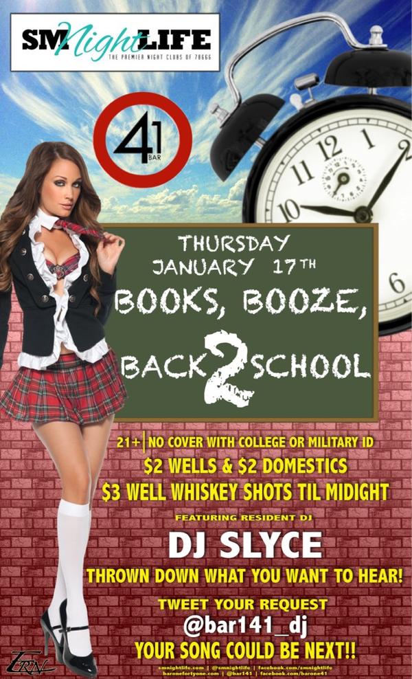 bar141_dj's tweet photo. It's back to school #TXST ! Don't forget to come out Thursday for @bar141 back to school bash!! http://t.co/pBvWAAPq