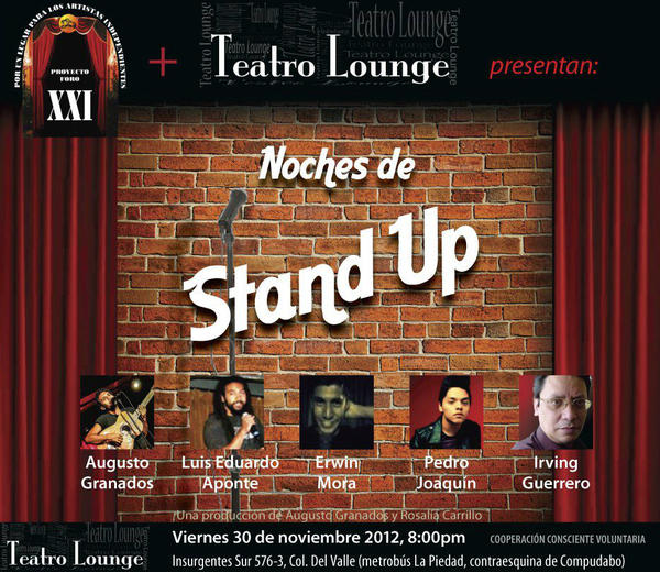 STAND UP COMEDY en Teatro Lounge. Sábado 19, 9:00pm. <a href="/LaCondesaDF/">LaCondesaDF</a> <a href="/La_Portales/">Colonia Portales</a> <a href="/LaRomaDF/">Colonia Roma 🚲</a> <a href="/En_Coyoacan/">@En_Coyoacan</a> <a href="/Narvarte/">Angelica Narvarte</a>