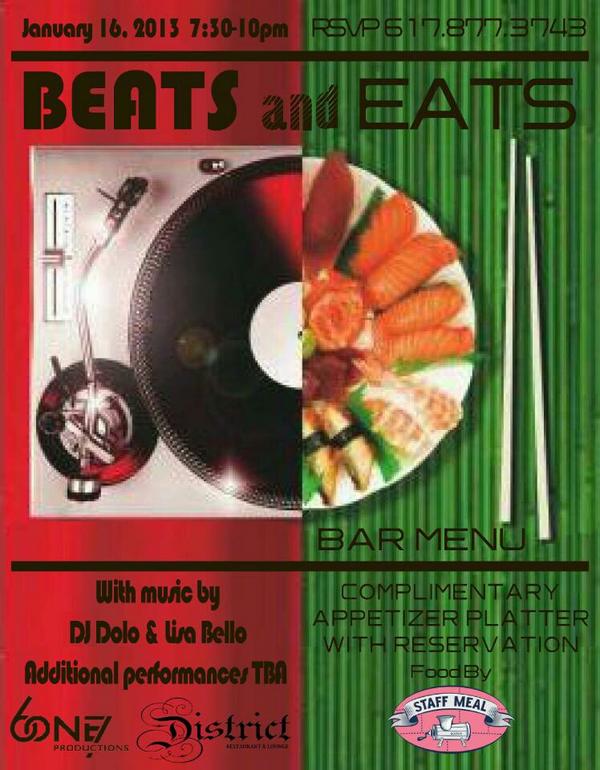 FrankieBOS's tweet photo. Beats &amp; Eats continues this wed 1/16 @6one7events @LisaBelloMusic @dj_dolo http://t.co/yiDL5BQQ
