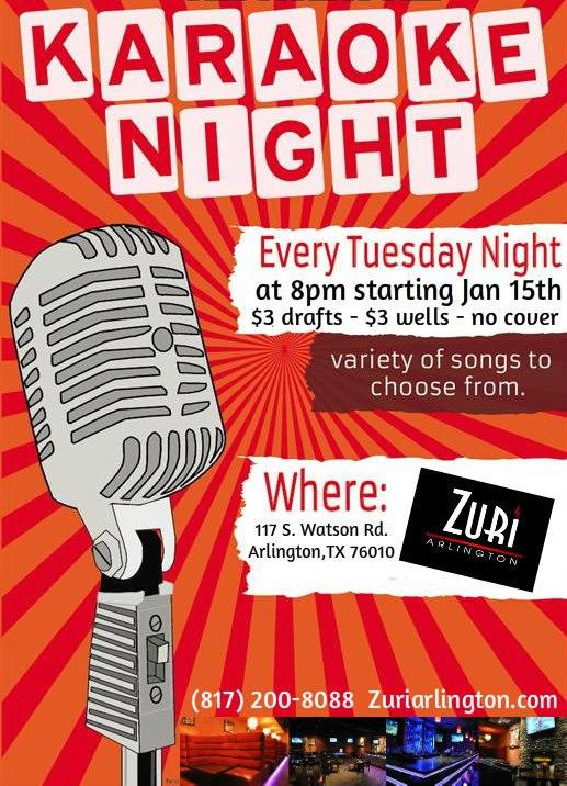 ZURIARLINGTON's tweet photo. TONIGHT WE KICKOFF KARAOKE TUESDAYS AT ZURI! $3 drafts and wells, kitchen open till midnight and karaoke starts at 8pm! http://t.co/0l52fKOn