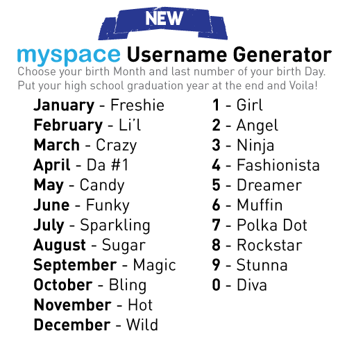 IS Creative on "Myspace Username Generator - Share your name here http://t.co/Tnfwg2eu #SugarDiva04 @Myspace http://t.co/nZyZazs9" / Twitter