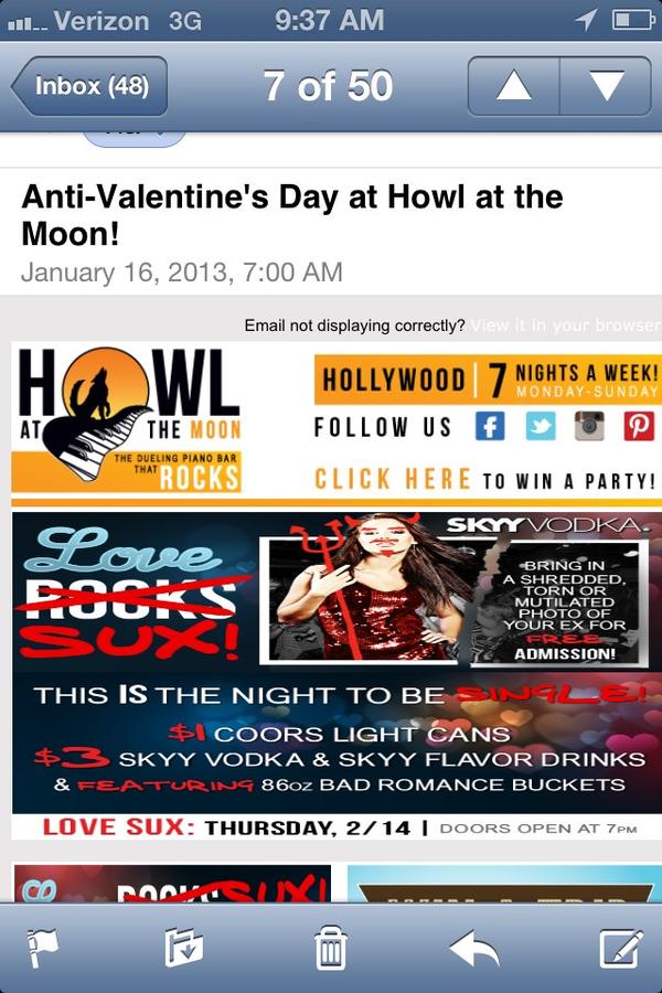 lavenderliquor's tweet image. Howl at the moon is having an anti valentines day party!!!lmao! This is hilarious.  #imgoing @goodjoblauryn #comewith