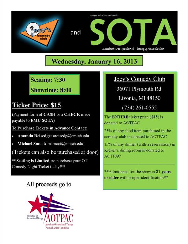 EMU_OT's tweet image. Tonight is Joey's Comedy Club - Comedy for a Cause benefiting AOTPAC! Doors open at 7:30 and the show starts at 8pm.