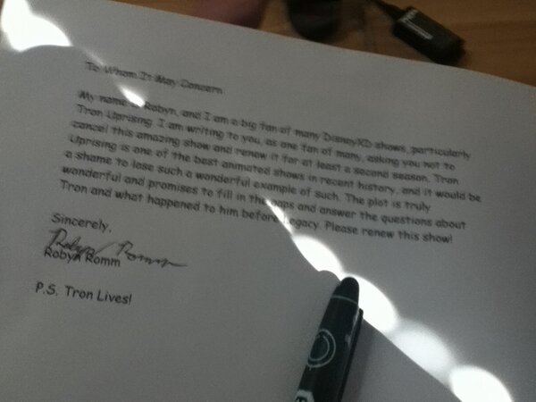 SilvShadowSpark's tweet image. @bean_charlie I sent a letter asking  @Disney to renew #TronUprising. A real letter. On paper. #TronLives #SavetheGrid