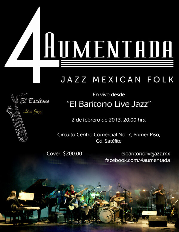 SUTMMexico's tweet photo. La Cuarta Aumentada y su concepto de de Jazz fusión este sábado en "El Barítono" elbaritonolivejazz.mx http://t.co/W24Wt742