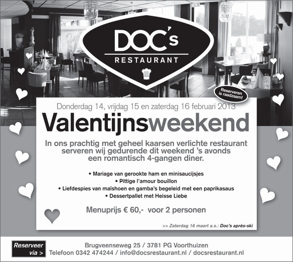 Iemand met Valentijn verrassen??? Dat weekend wordt ons restaurant geheel met kaarsen verlicht@docsrestaurant.nl