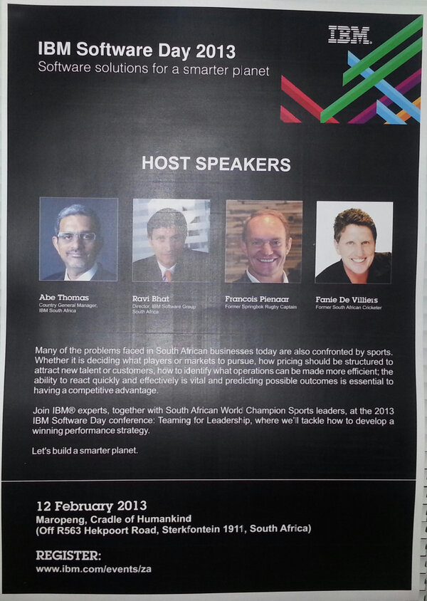 IBMsoftwareZA's tweet photo. IBM #SWD2013 is shaping up to be an exciting event! We are looking forward to welcoming our WW speakers to Sunny S.A! http://t.co/nxIISShJ