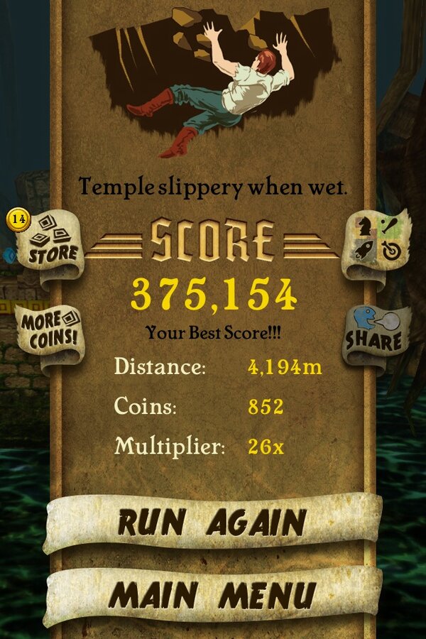 BSCClimited's tweet photo. I got 375,154 points while escaping from demon monkeys. Beat that! http://t.co/QmQlNF0A #TempleRun http://t.co/wpZFSpsD