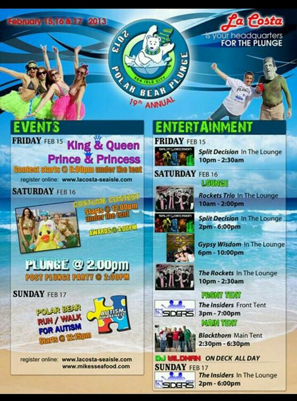 OfficialSeaIsle's tweet photo. Here is the schedule for the weekend of the Plunge! Make sure you stop in @LaCosta_SIC when you're there! http://t.co/0Fscj9W8