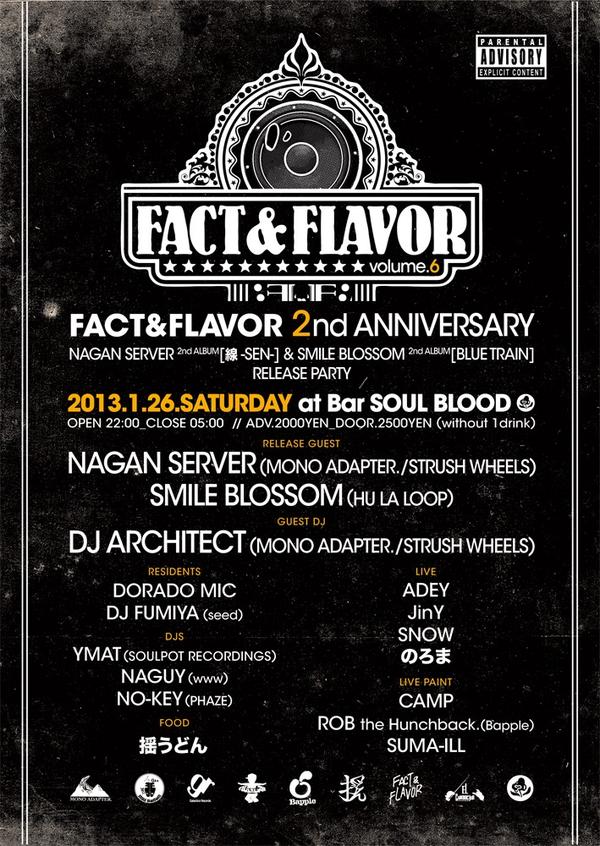 ELCONDUCTORPRO's tweet photo. 2013/01/26
FACT&amp;FLAVOR 
@BAR__SOULBLOOD 

GUEST:
NAGAN SERVER
SMILE BLOSSOM
DJ ARCHITECT http://t.co/3RIvlSJS