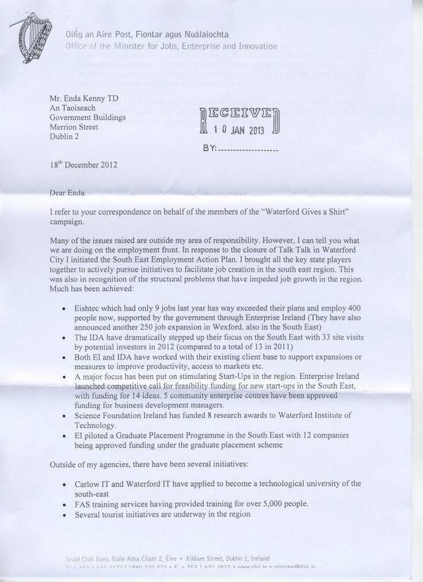 WaterfordShirts's tweet photo. Correspondence received back from an Taoiseach. Page 2 http://t.co/8TeOL89Y