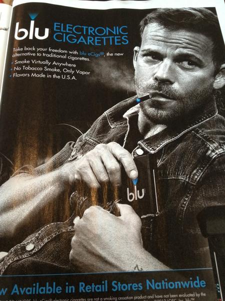 Sorry, @blucigarettes , but your print ad depicting a tough guy smoking an  electronic cigarette is ridiculous