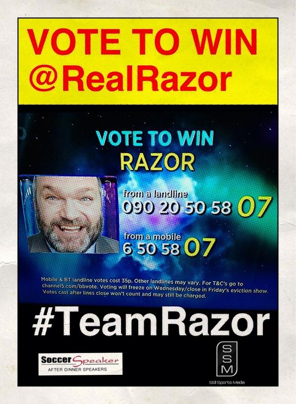 RealRazor's tweet photo. It's vote to win now. Thanks for your support so far but let's keep voting for @RealRazor #Teamrazor #Razortowin http://t.co/zdgBFBha