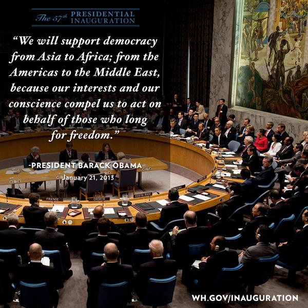 ObamaWhiteHouse's tweet photo. "Our interests & our conscience compel us to act on behalf of those who long for freedom." —President Obama #InaugQuote http://t.co/DVvPcdYr
