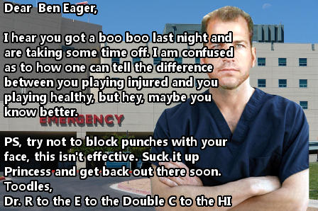 DrRecchi's tweet photo. Even though I am now the Stars team doctor, I will still update the league wide injuries. Ben Eager update: http://t.co/t7F7dCz2