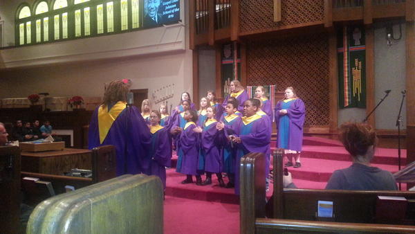 WhoIsMyNeighbor's tweet image. The music from the Gospel Choir at Johnson School of the Arts #mlk Plenty of hand clapping on the first number...