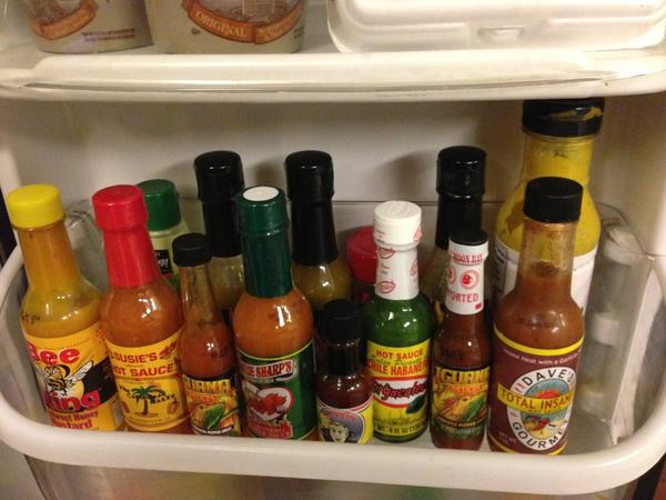 craygee's tweet image. Real men require a hot sauce shelf in their fridge...