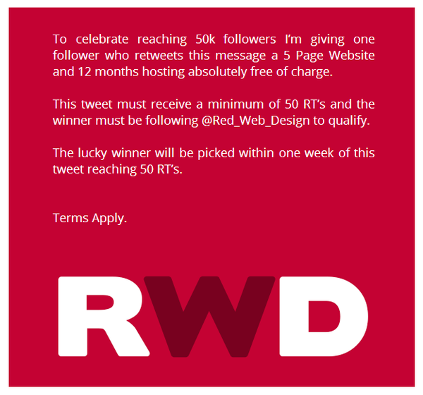 Red_Web_Design's tweet photo. FREE WEBSITE COMPETITION β RT this message for a chance to win a 5 Page Website and 1 yrs hosting #RedWebsiteDesign http://t.co/cHLlB2l0