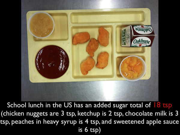 Very disturbing. A school lunch in America can contain up to 18 tea spoons of Sugar!  #OBESITY #dunkthejunk