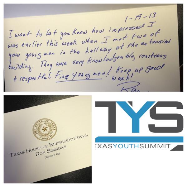 TxYouthSummit's tweet photo. Got an awesome note today from @RonSimmonsTexas - great job #TYS13 Delegates!!! http://t.co/7XIz3zMc