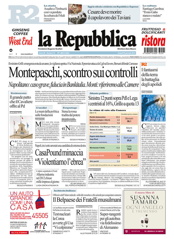 repubblica's tweet photo. La prima pagina di Repubblica di oggi http://t.co/T745aMPT