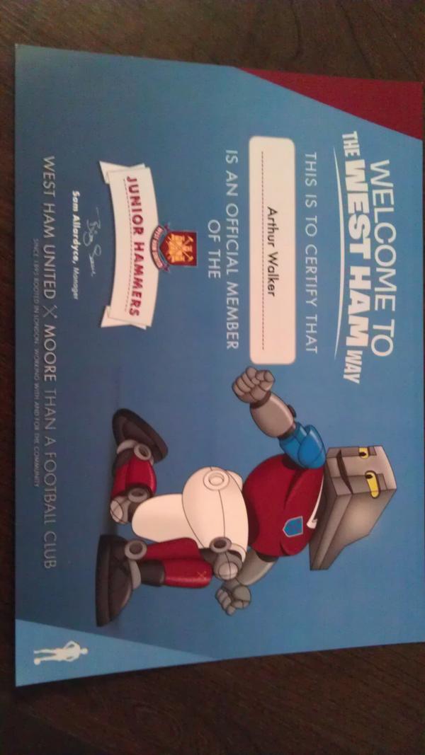 arthurjwalker's tweet photo. "@claret_jim: @arthurjwalker is now an official 5th generation Hammers fan #COYI (Sorry about that). http://t.co/Eb1aLQiq" Bloody hell Dad!