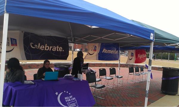UABRelayforLife's tweet photo. A windy start, but kickoff is going great! We'll be here until 5, so come sign up for a team today! http://t.co/SWpUwu3E