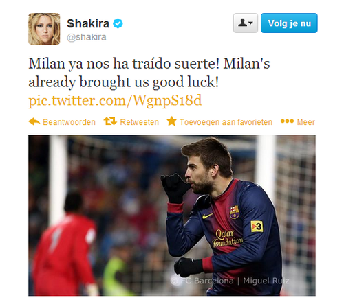 FCBStuff's tweet photo. شاكيرا على التويتر: ميلان جلب لنا الحظ السعيد http://t.co/UcpkeNTq