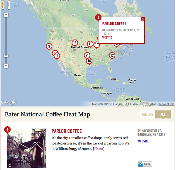 Tungsten partner brand <a href="/parlorcoffee/">Parlor Coffee</a> #1 placement on <a href="/Eater/">Eater</a> national's coffee heat map eater.com/archives/2013/…