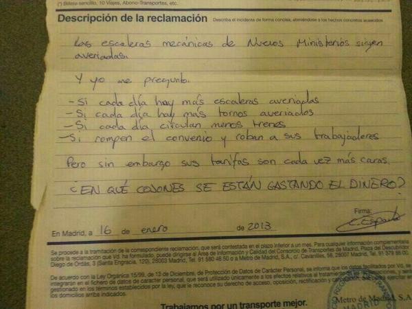 silke2282's tweet photo. Fan absoluta de quien ha puesto esta reclamación a Metro Madrid http://t.co/gUPiPLCK