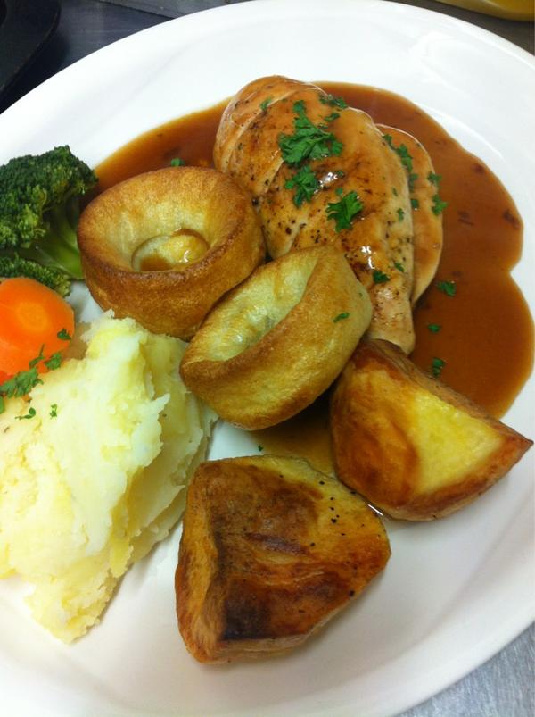 Chicken or Roast Beef Sunday Lunch served with Creamy Mash, Roast Pots, Root Veg, Yorkshire Puds &amp; Lashings of Gravy.