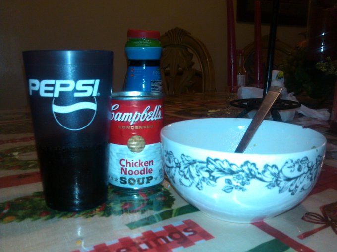 Chicken noodle soup with a soda on the side! #LetItRain #ClearItOut http://t.co/V1bqCI4t<a href="/tag/letitrain"class="tags">#LetItRain</a><a href="/tag/clearitout"class="tags"><span>#clearitout</span></a>