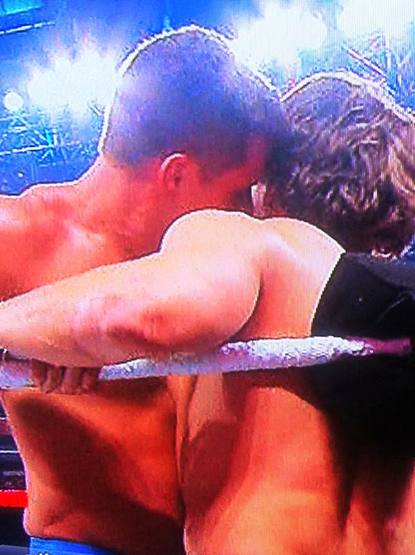 DNOssy's tweet photo. @WWE what's up with this relationship ? Kiss on the cheek from Rhodes to Bryan ? http://t.co/q9fTkxSm
