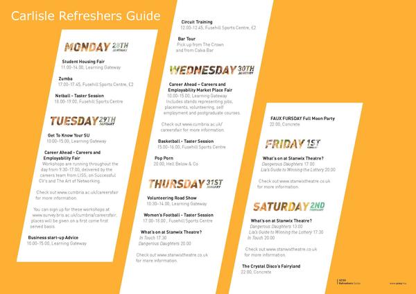 Carlisle Refreshers Week starts today with a student housing fair in the Learning Gateway at 11-2pm. Here's the guide!