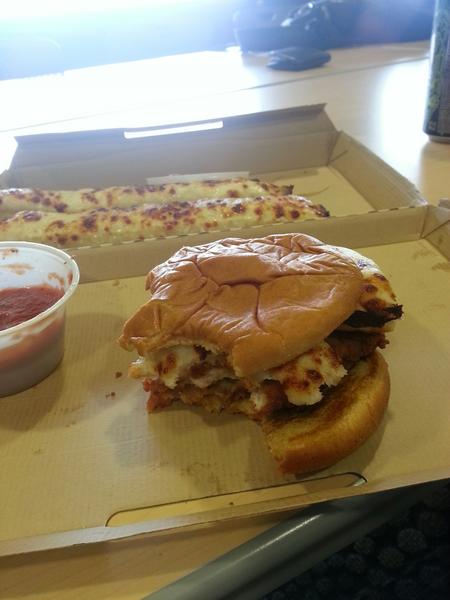 Sometimes, a man just needs a fried chicken and cheesy breadstick sandwhich! :D