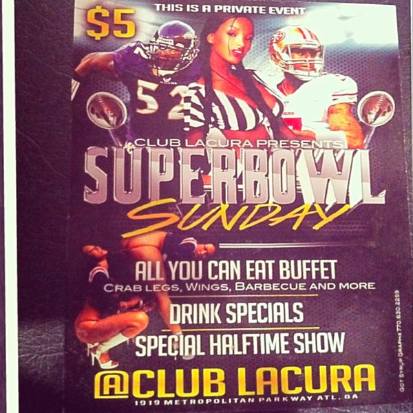 Lacura_ATL's tweet photo. @iStaLaughin #SuperBowlSunday $5 #AllYouCanEatBuffet #CrabLegs #BarbecueRibs #Wings ... More !! $2Corona &amp; $5Shots  http://t.co/XspSEJMC
