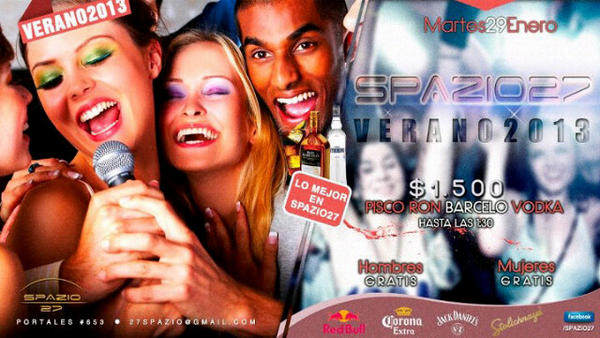 Spazio27's tweet photo. Hoy martes se viene con todo en @Spazio27  Pisco-Ron-Vodka $1500 hasta las 1:30. El verano vivelo con todo en #Spazio http://t.co/jcRzt0uQ