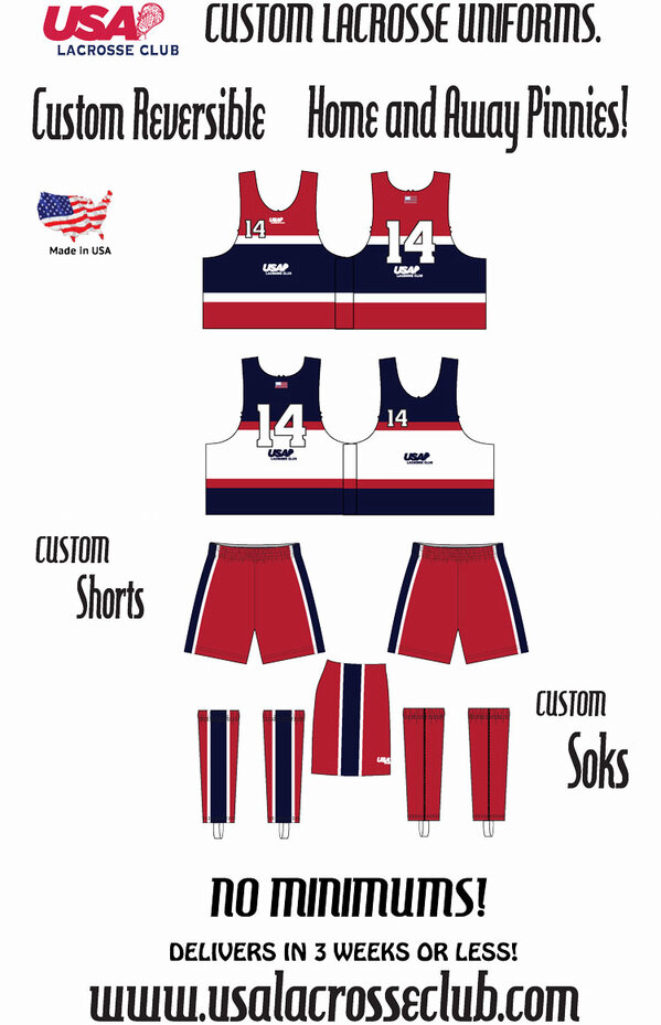 USA Lacrosse Club. Custom Reversible Lacrosse Pinnies, Shorts and Soks. Made in the USA.