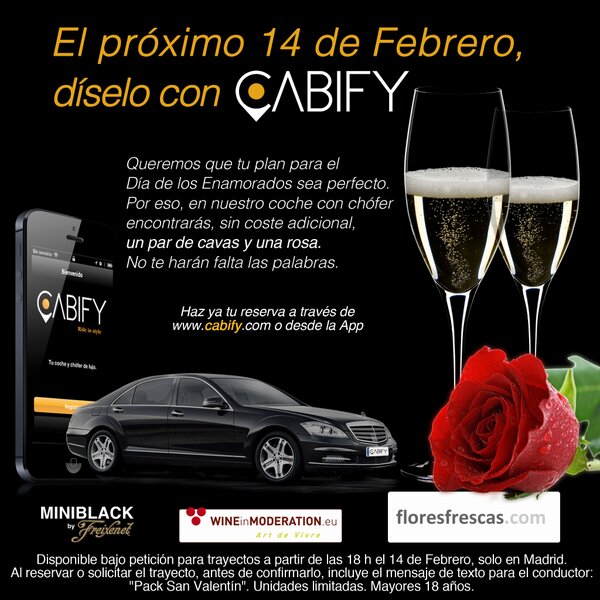 ¿Aún no has hecho planes para San Valentín?Reserva tu Cabify con cava y rosa en el coche incluidos. #Madrid