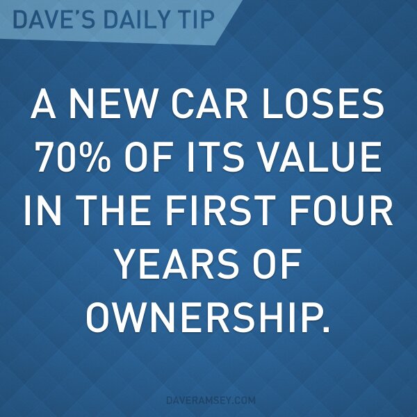 RamseyShow's tweet photo. A new car loses 70% of its value in the first four years of ownership. #DaveDaily http://t.co/uF5qchdg