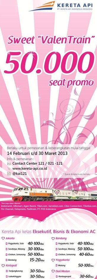 KAI121's tweet photo. Untuk KA kelas Eksekutif, Bisnis, Ekonomi AC semua jurusan (Jawa &amp; Sumatra) #SweetValenTrain50ribuSeat #TiketPromoKAI http://t.co/Q4QZDi2M