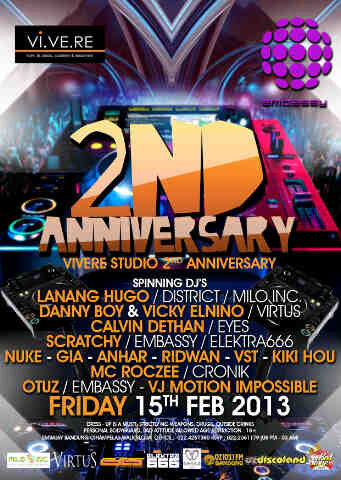 TONIGHT! <a href="/VivereStudio/">VI.VE.RE</a> 2nd anniv @EmbassyBandung w/ <a href="/Lananghugo26/">lanang hugo</a> <a href="/danny_dboy/">danny</a> <a href="/vicky_elnino/">hello</a> <a href="/calvin_dethan/">DJ Calvin Dethan</a> etc