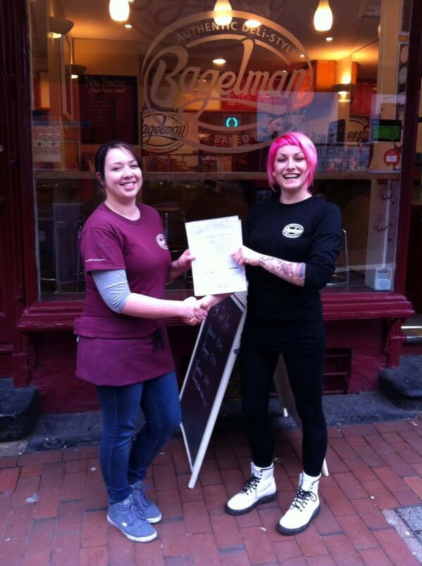 BagelmanBTN's tweet photo. Great day at Bagelman as Jenna passes her Bagel Test. A black t-shirt and bagelfame awaits. Well done Jenna. http://t.co/5RCVlvQ7
