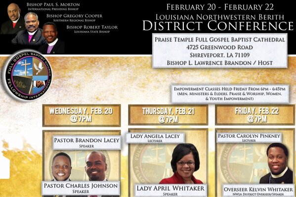 nwlaFGBCFI's tweet photo. NWLA Berith District Conference 
Feb. 20th-Feb 22nd w/ Overseer Kelvin Whitaker @ Praise Temple of Shreveport. Come! http://t.co/VNpievG9