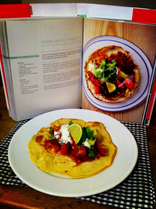 lyndswarren's tweet photo. Smoky Maple Pancetta pancakes from @jamieoliver 15 Minute Meals. Seriously yum and #1tweetrecipe http://t.co/r2CGMudp