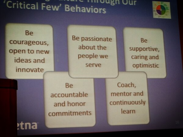 mtbert's tweet photo. Laurie Brubaker is on stage outlining the five "critical behaviors" underlying the Aetna culture. http://t.co/MdwhjDFx