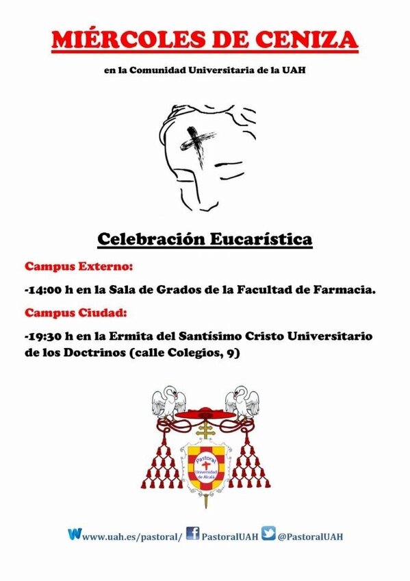 PastoralUAH's tweet photo. Compañeros de la #UAH, ¿celebráis con nosotros el Miércoles de Ceniza? :) @MAGISTERIOUAH2 @PCCA_UAH @VoluntariosUAH http://t.co/nfIrNjMh