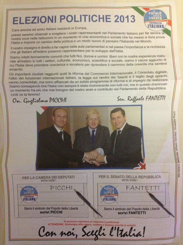 scosteloe's tweet image. Italians resident abroad leaflet from pdl - berlusconi's party - shows candidates with Boris #italy2013