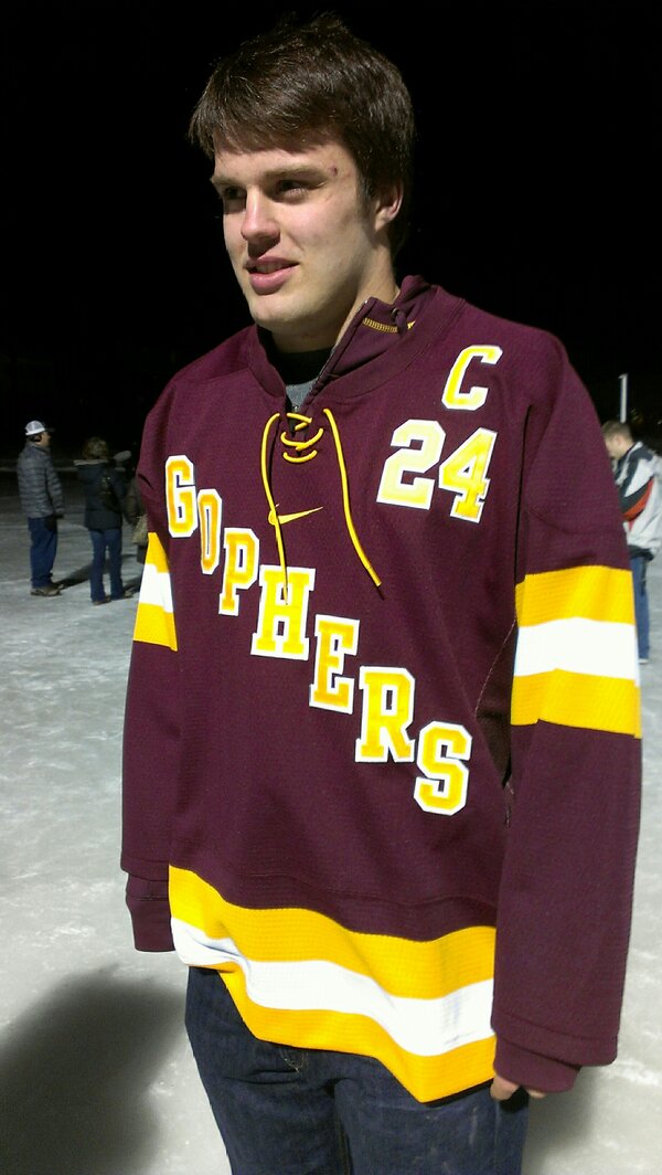 GopherHole's tweet photo. RT @gophersports: Check out the new @GopherHockey @HkyCityClassic jersey! Model is @Burdish24 #Gophers #prideonice http://t.co/b7PhufJF